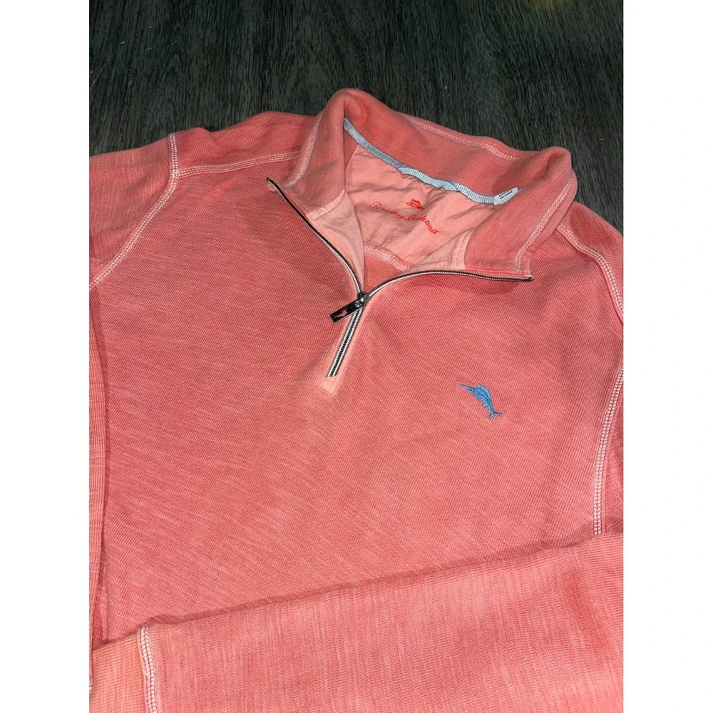 Tommy Bahama Mens XXL Coral Orange Quarter Zip Pullover Slub Knit Marlin Logo